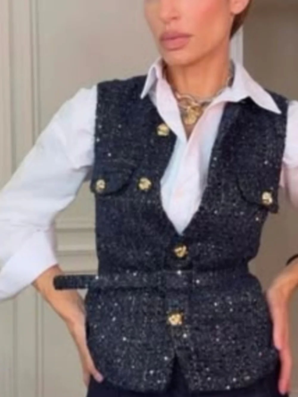 Zara Belted Seqiin Structured  Vest Navy  Size M - Picture 10 of 13